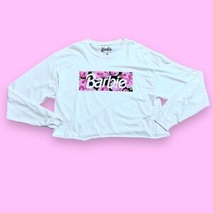 Barbie Mattel Creations NWOT Women Long Sleeve Cropped Top Sz 1X White Pink Logo